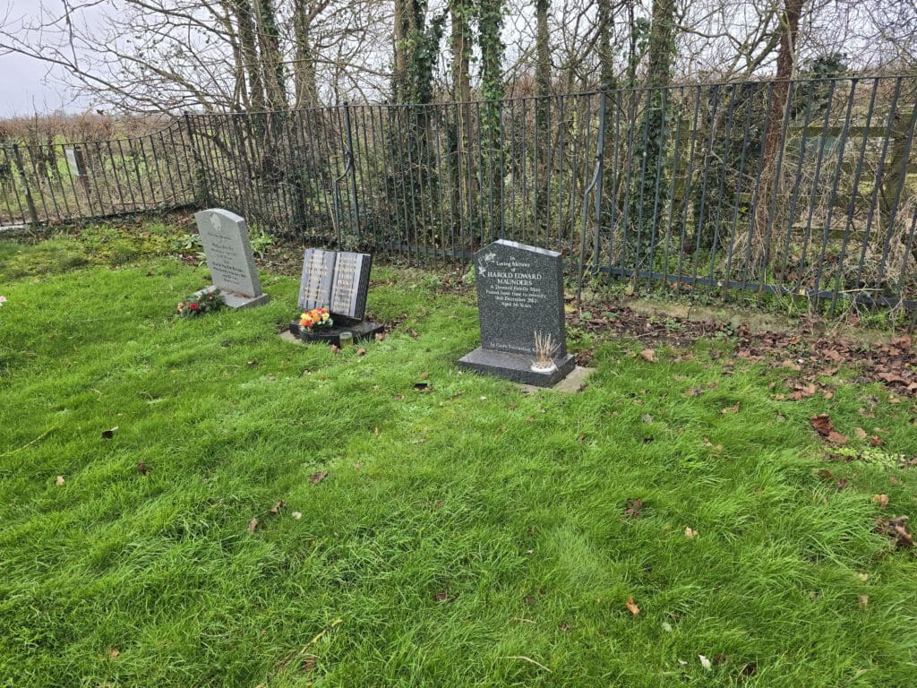 Three gravestones are placed in a grassy cemetery area, bordered by a black metal fence with trees in the background. Two of the gravestones have floral tributes at their bases. Fallen leaves are scattered across the grass.