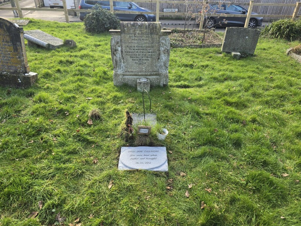 A grass-covered graveyard with several tombstones. One tombstone stands prominently with an inscription. Near it is a smaller stone with flowers and mementos placed on the grass. Cars and a fence are visible in the background.