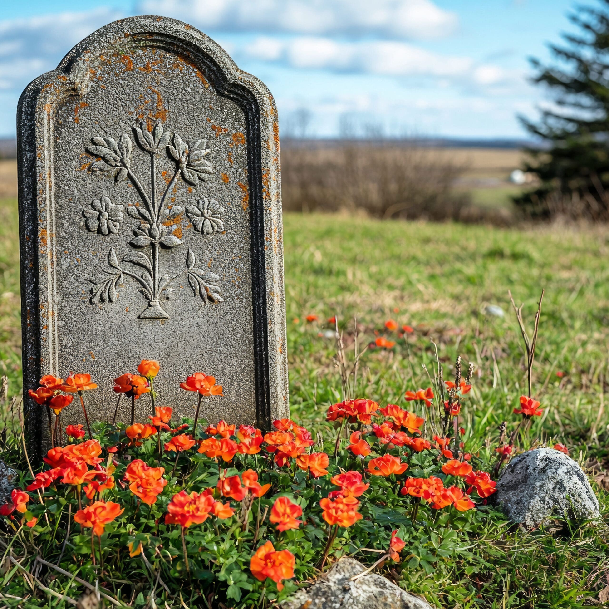 Old gravestone with floral engravings stands in a grassy field. Bright orange flowers bloom at its base. Trees and open landscape stretch out under a blue, cloudy sky in the background.