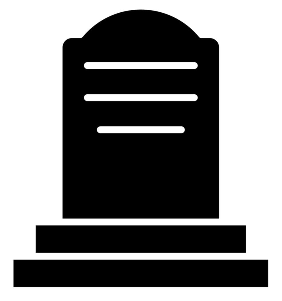 A simple black and white icon of a gravestone on a white background. The headstone is rectangular with a rounded top, featuring three horizontal lines representing text, and is placed on a rectangular base.