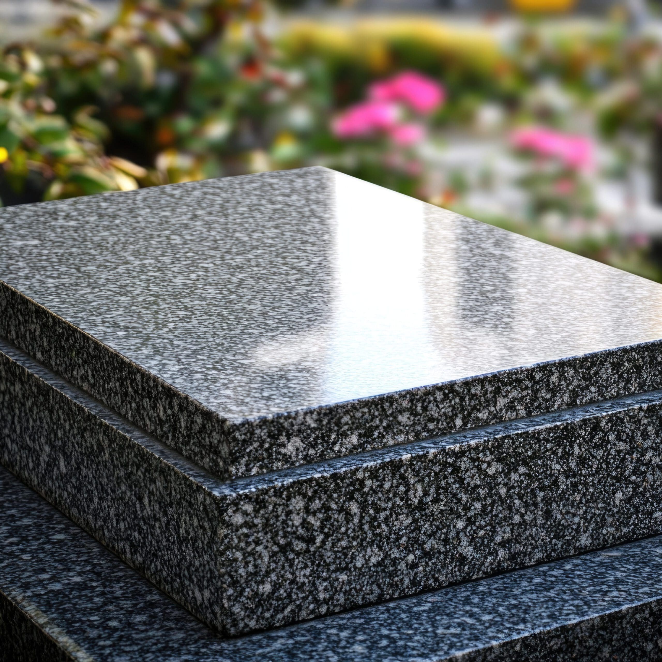 A polished granite tombstone with a tiered design stands in a cemetery surrounded by greenery and blurred colorful flowers in the background.