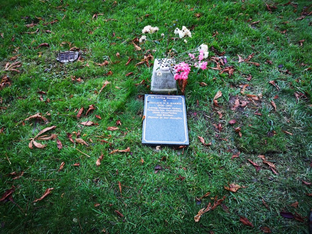 A gravestone with a plaque surrounded by grass. A vase with white and pink flowers is placed beside it. Fallen leaves are scattered around, adding a touch of color to the scene.
