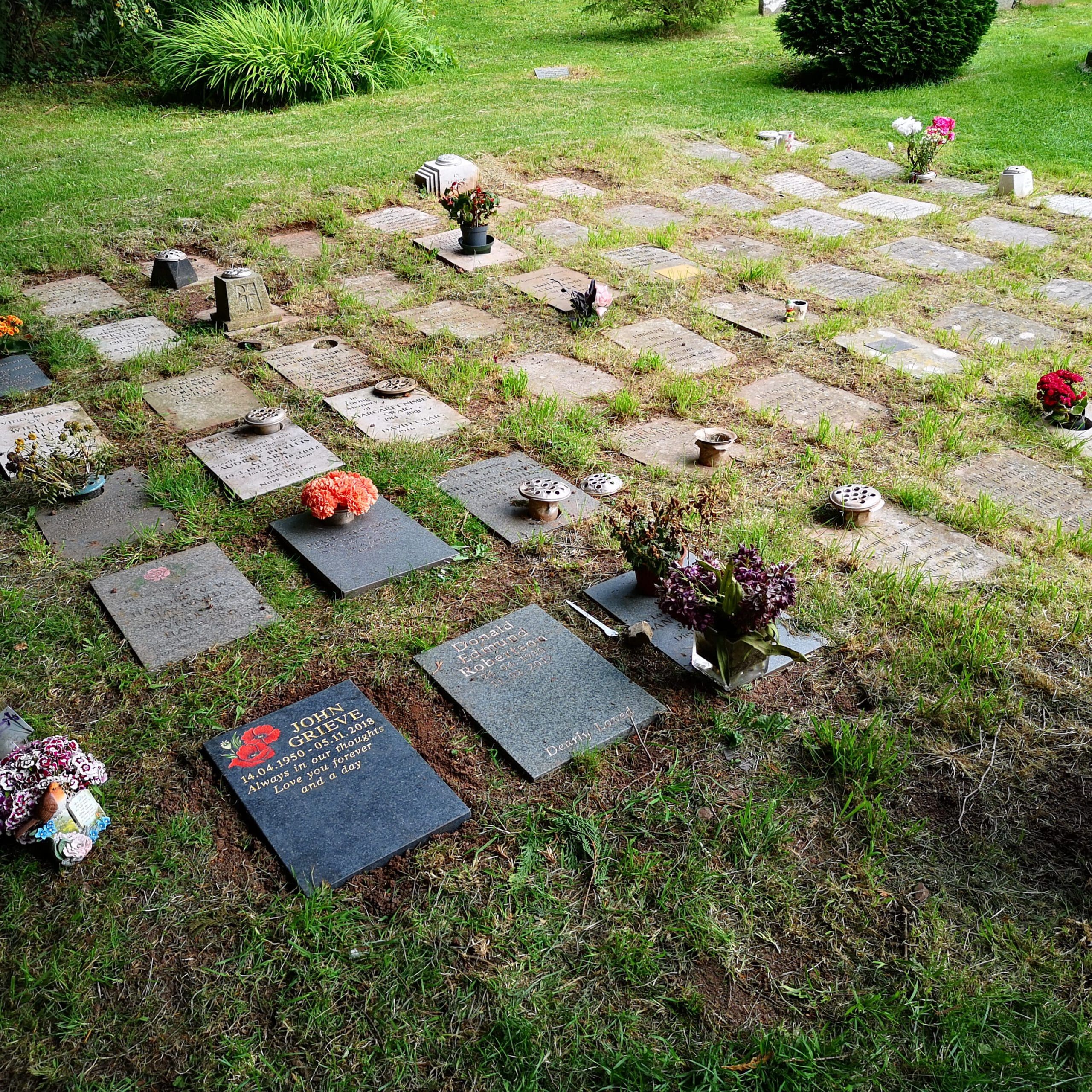 A grassy cemetery area with rows of flat headstones. Some headstones have flowers in pots or small arrangements placed on top. The grass and nearby bushes are lush and green, indicating a well-maintained area.