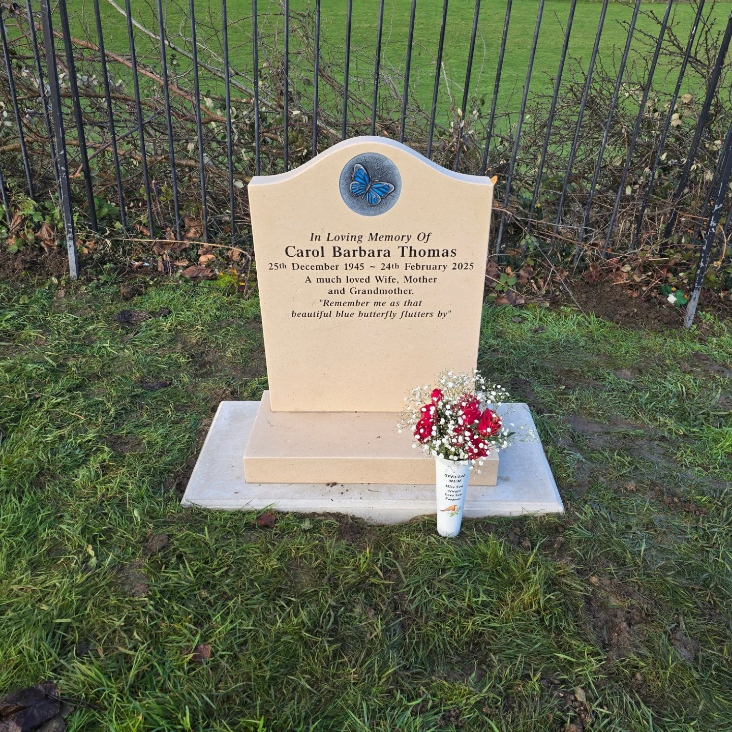 A tombstone for Carol Barbara Thomas stands on grass by a fence, with a blue butterfly design and engraved text. A bouquet of red and white flowers in a vase rests in front of the gravestone.